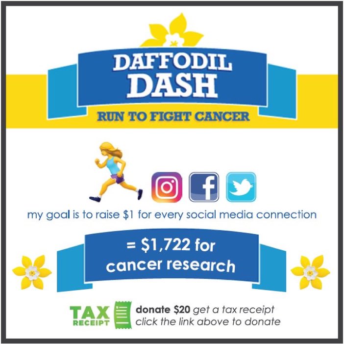 help me raise $1,722 for the <a href="/cancersociety/">Canadian Cancer Society</a> - sponsor me in the #DaffodilDash 🏃‍♀️ convio.cancer.ca/site/TR/Daffod…
