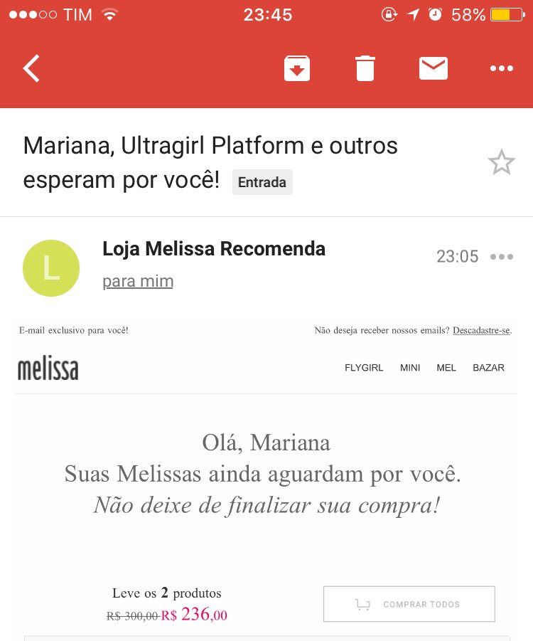 MariDutra_'s tweet photo. Aí você tá relutante pra não comprar melissas e resolve ver seu e-mail @LojaMelissa #QueroDesconto https://t.co/iRhPLT66H4