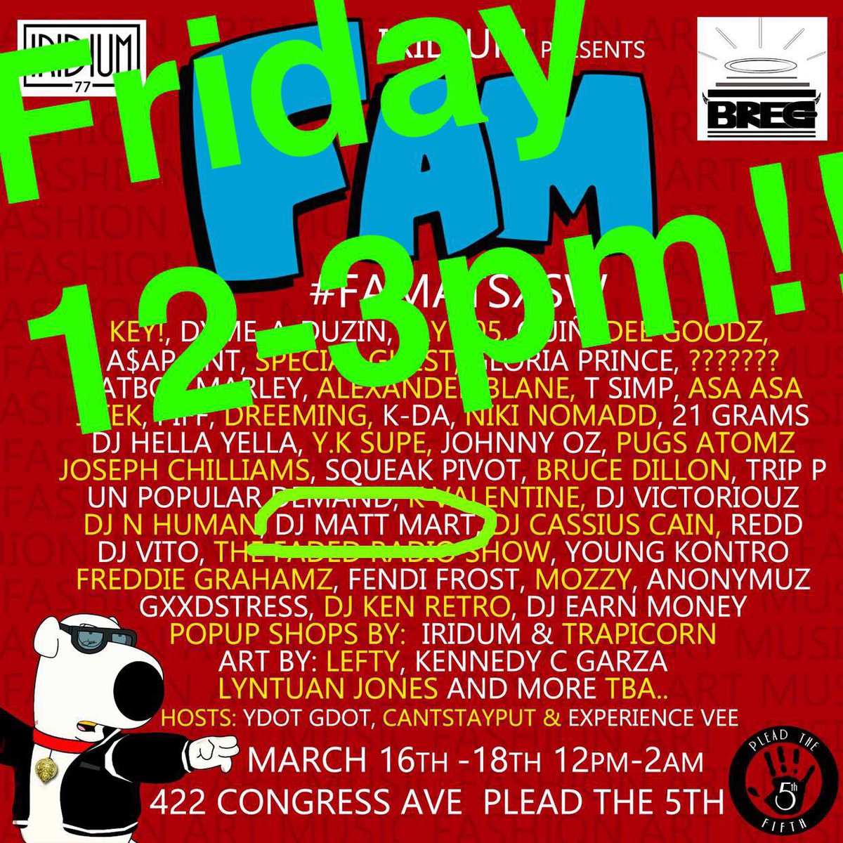 DJmattmart01's tweet photo. Friday 12-3pm we gonna be in there!!! #SXSW #SXSW17 #FAMATSXSW https://t.co/PGyaf1ja2i