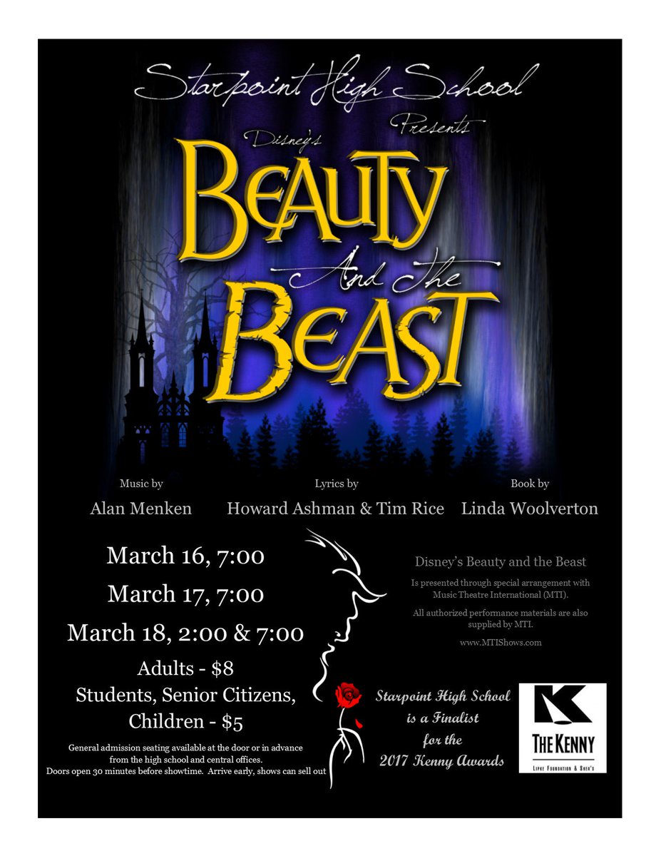 Beauty and the Beast is on at Starpoint. Thurs 7:00, Fri 7:00, Sat 2:00, Sat 7:00. Students, children, senior citizens $5, Adults $8