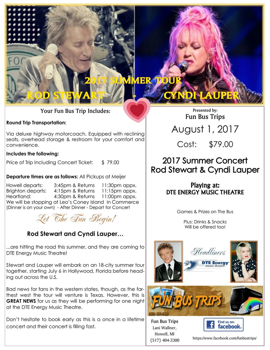 FunBusTrips1's tweet image. Win Rod Stewart tickets call for information
Aug 1st  517.404.3300. You won't want to miss this.  #funbustrips