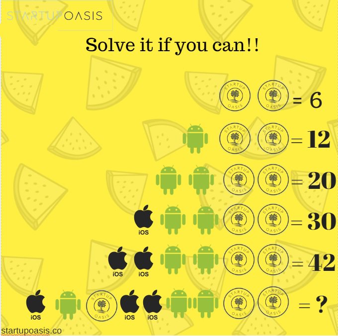 startupoasislab's tweet photo. Only Genius can solve this..If you can you are one of us!!! :D
#solve #simpleproblem #startupoasischallenge #startupoasislab #genius https://t.co/7RaqH2Wp2n