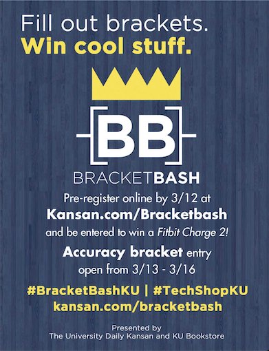 KansanNews's tweet photo. Last chance to fill out your bracket at https://t.co/uj232PrRnz &amp; you could win prizes! #BracketBashKU #TechShopKU @KUBookstore https://t.co/FePJAR9GTr