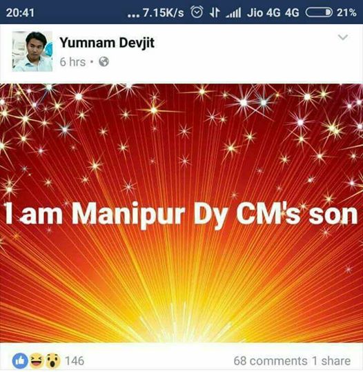 laimacha's tweet photo. Just after installing BJP government in Manipur. Son of Deputy CM started his drama in Social Media. Self glorification or Warning Post? https://t.co/nwD36aa5gx