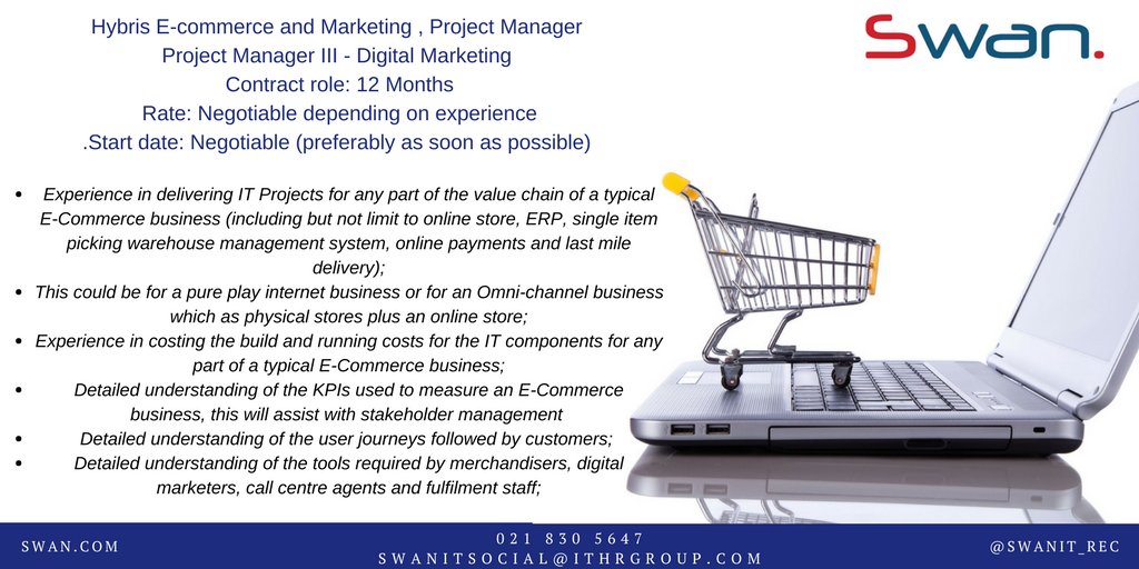 SWANit_Rec's tweet photo. Contract role available for a Hybris eCommerce & Marketing PM - Get in Touch #Hybris #eCommerce #Marketing #ERP #SAP #Cloud4 #Agile #Scrum https://t.co/xjWpfk4Y5t