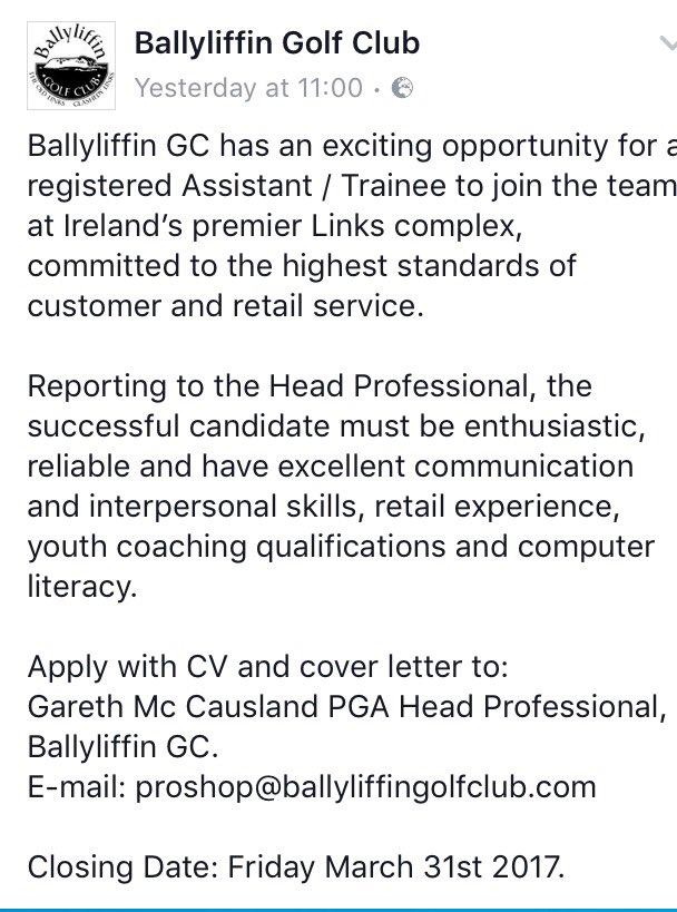 Ballyliffin's tweet photo. PGA Assistant Trainee required at Ballyliffin- great opportunity - #RT https://t.co/fTY2vtwZq4