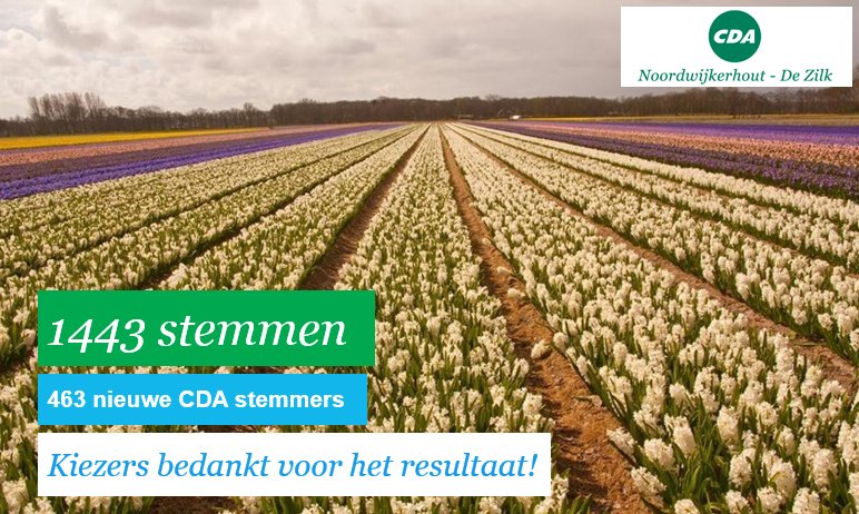 CDANWH's tweet photo. @cdavandaag grote winnaar in Noordwijkerhout met 463 extra stemmen tov 2012 (+47%). Kiezers enorm bedankt! #ikstemCDA #Noordwijkerhout https://t.co/msqODpTJnZ