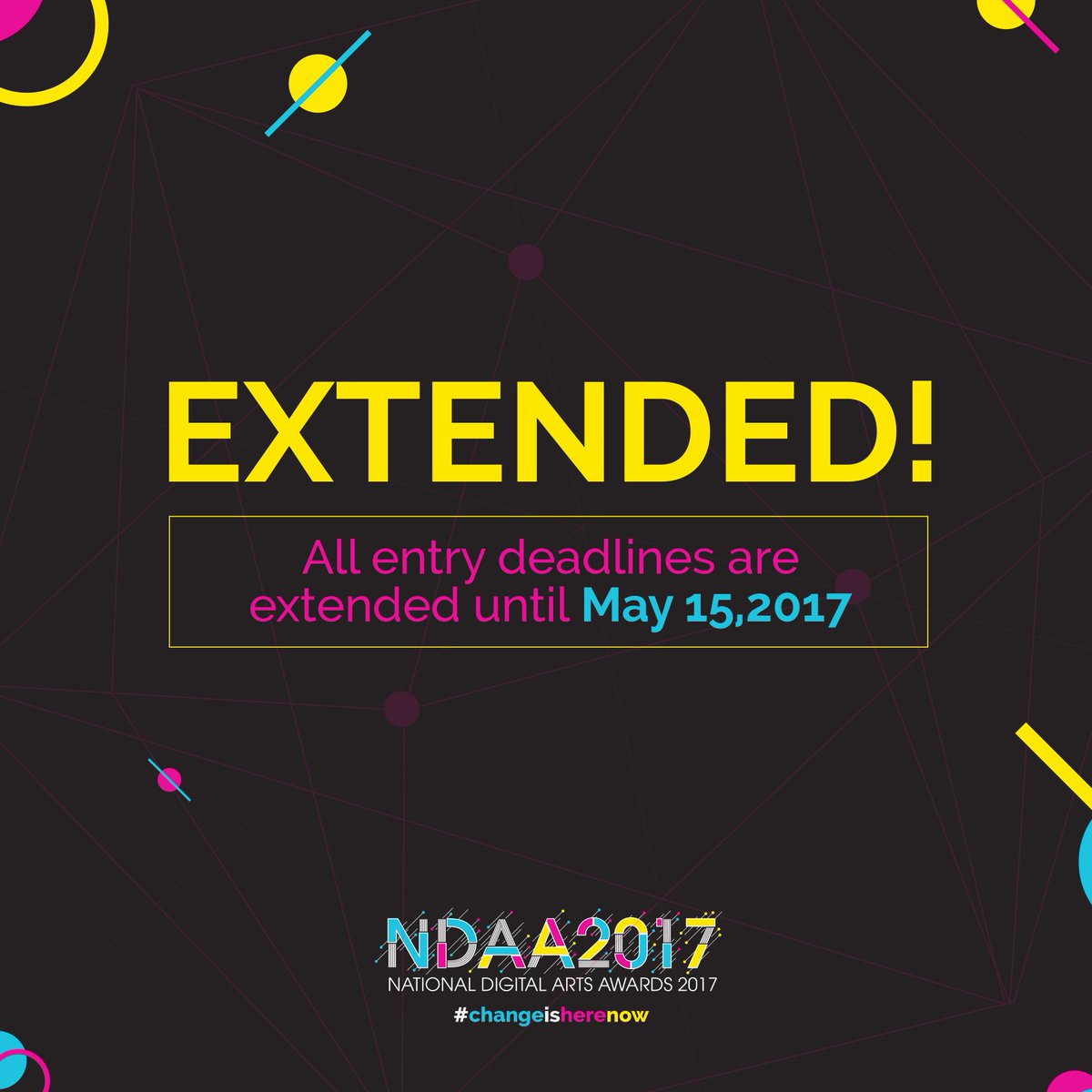 NDAAPhilippines's tweet photo. Extended deadline for submission of entries on May 15, 2017. #NDAA2017 #NationalDigitalArtsAwards #Philippines2038 #ChangeIsHereNow https://t.co/fKVBq61gjy