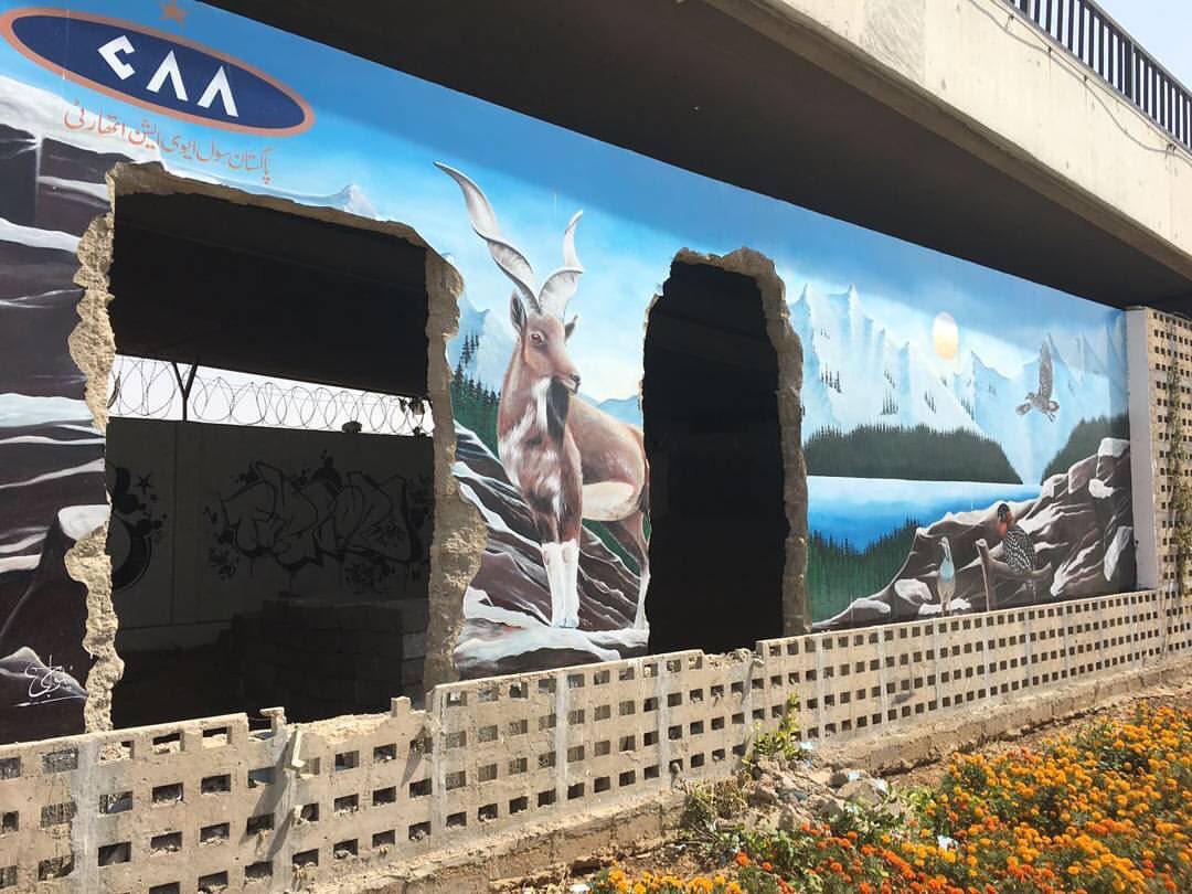 RaheelARao's tweet photo. Beautiful Mural painted by #Italian artist #MaurizioBoscheri as a gift to #KarachiAirport ruthlessly destroyed by #CAA to make a canteen 😱😡 https://t.co/9BWqnB5SAs