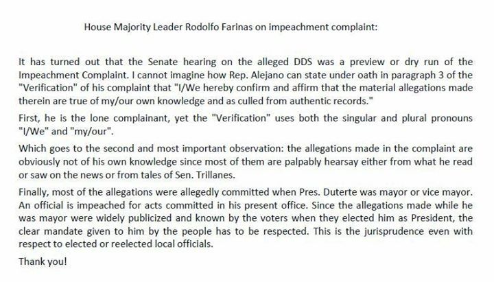 ThinkingPinoyPH's tweet photo. HoR Majority Leader Rudy Farinas comments on Magdalo's impeachment complaint. 

Note: Tril… https://t.co/WrHQJaagE0 https://t.co/UM3hVU2JB5
