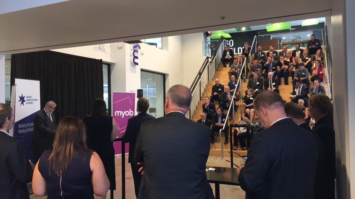 BiancaCaia's tweet photo. @AusChamber cocktail event listening to @SenKimCarr at the awesome @MYOB innovation hub! #bizleadersevent #myob #innovation https://t.co/Uc1Q8eOZAb