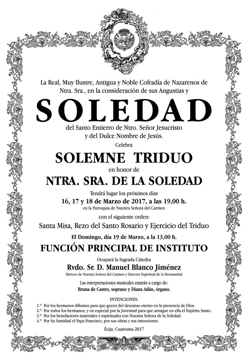 HOY: Comienza el triduo en honor a Ntra. Sra.de la Soledad, información en la foto adjunta