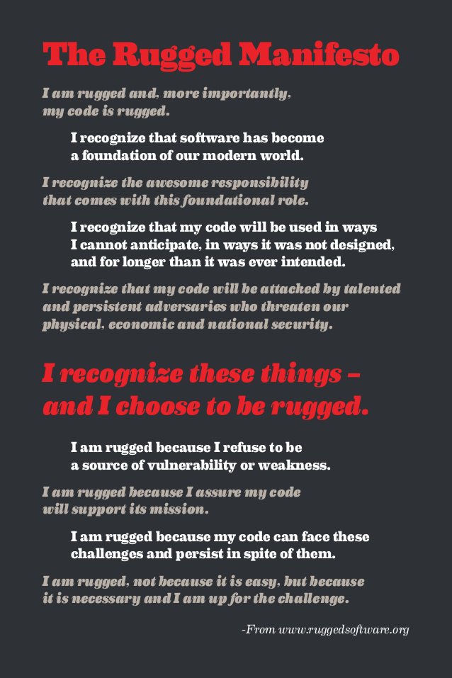 <a href="/joshcorman/">Josh Corman ♘</a> reminds me once again to review the Rugged Manifesto and during his talk at <a href="/DevOpsConnect/">DevOps Connect</a> last month youtube.com/watch?v=Fv4uZx…