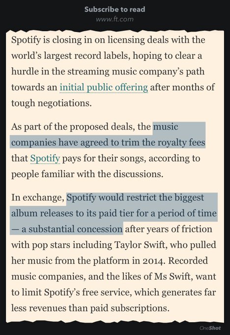 Spotify may limit new releases to its paid tier &amp; pay lower royalties, @annaknicolaou reports https://t