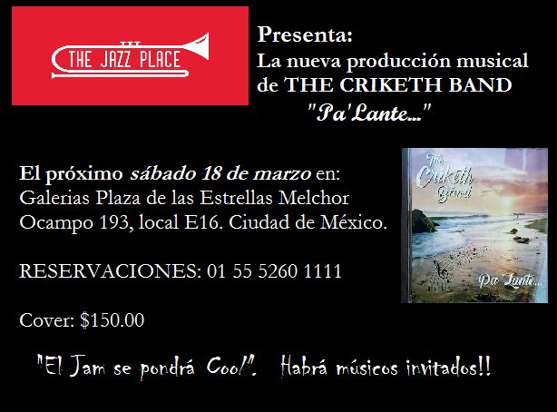 CrikethBand's tweet photo. Nos vemos el sábado 18 de marzo en: @jazz_place 
22 hrs. Cover: $150.00
Reservaciones al: 5260 1111 https://t.co/SR51VehTeW
