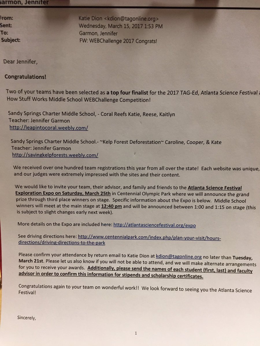 SSCMS has 2 teams in final 4 2017 @TAG_Education WEBChallenge!! Over 100 entries! #beworldclass @DrNHenderson @JeffRoseSupt @SSEFGeorgia