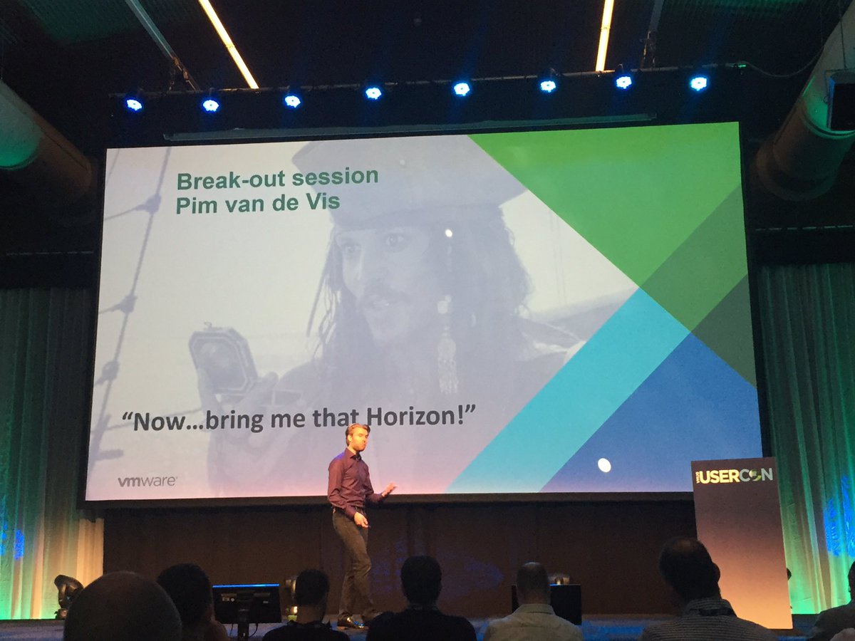 b_vdijk's tweet photo. #NLVMUG session: 'now .. bring me that Horizon' @pimvandevis #VMware #usercon2017 https://t.co/xp1eFRAKgr