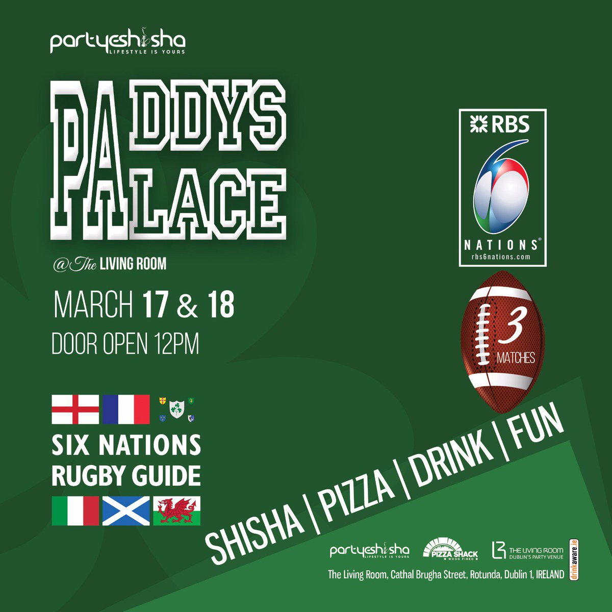 partyeshisha's tweet photo. #NewProfilePic
3 Rugby Matches🏈
Lets go GREEN this St Patrick's Weekend
SHISHA | PIZZA | DRINK | FUN | SPORTS
🔞💨
#StPatrick2017 #Paddysday https://t.co/Tqap2sLxmE