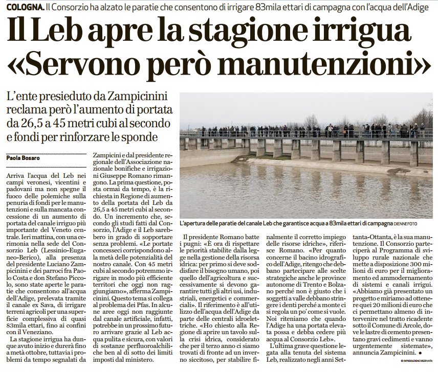 #STAMPA | <a href="/Consorzio_LEB/">Consorzio LEB</a> si apre la stagione irrigua ma siamo in emergenza siccità. L'articolo su <a href="/larenait/">L'Arena</a> #16Marzo