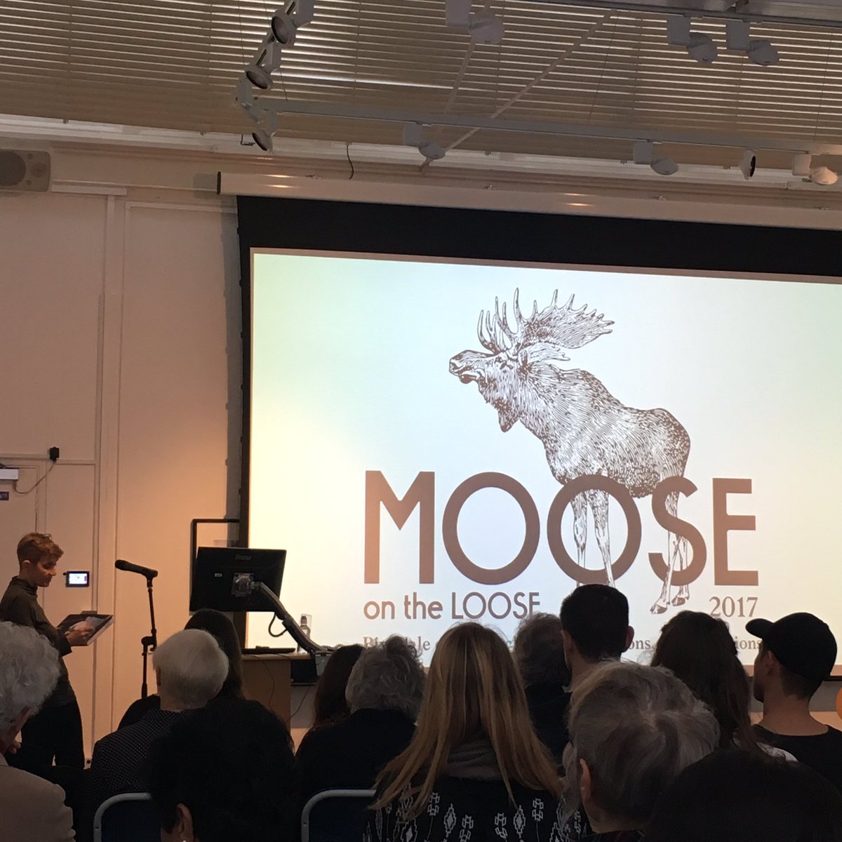 katemclean's tweet photo. Dr @KJShepherdson welcomes us to #mooseontheloose @Sidney_cooper01 1st talk by James Stevenson on #ClaudeCahune #directlook #striking https://t.co/ljjtdJtiPH