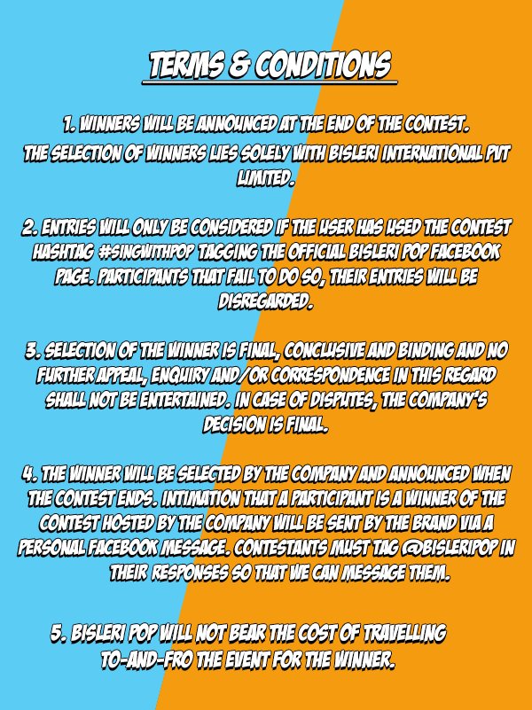 BisleriPop's tweet photo. Terms and Conditions for the #SingWithPop contest! https://t.co/J11f7tlXch