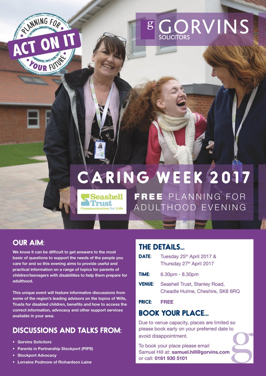 Gorvins's tweet photo. 'Planning for Adulthood' information evening with @Seashelltrust - 25th &amp; 27th April - please visit https://t.co/t0oMkzPZku for more info https://t.co/8HcrRAPQvi