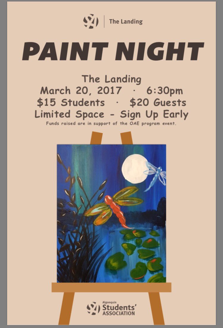 WendyAHewitt's tweet image. Interested in a paint night? This coming Monday, March 20/17 @AlgonquinOV ONLY $15 for students &amp;amp; $20 for guests
#SupportStudentSuccess
