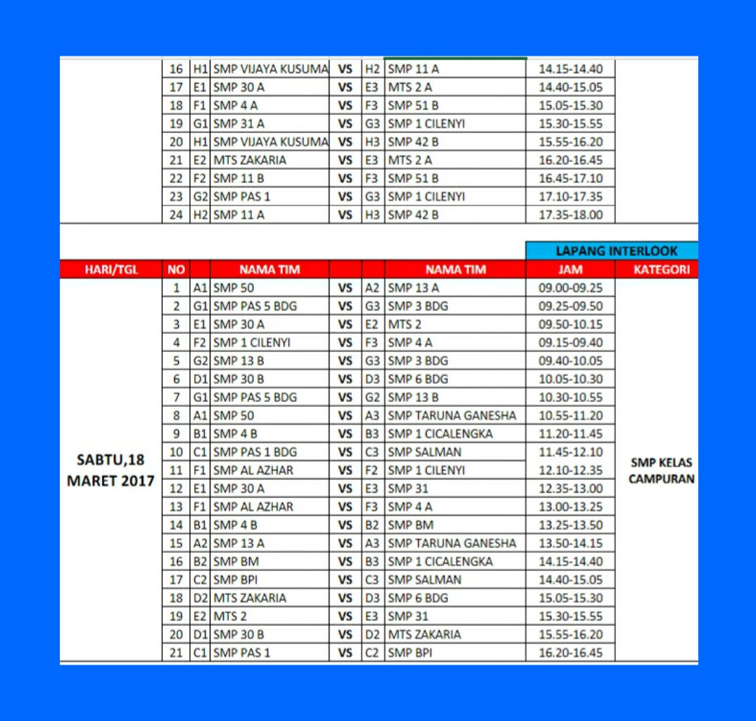 Jadwal lengkap GIGA TRAVEL 2017 kategori SMP