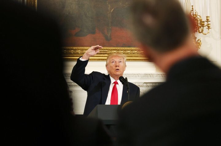 TRUMP: I'm actually this tall
REPORTER: We can clearly see that you literally aren't
TRUMP: You're fake news I'm tall