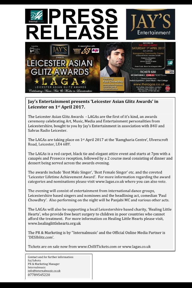 Leicester Asian Glitz Awards' taking place 1st April in Leicester