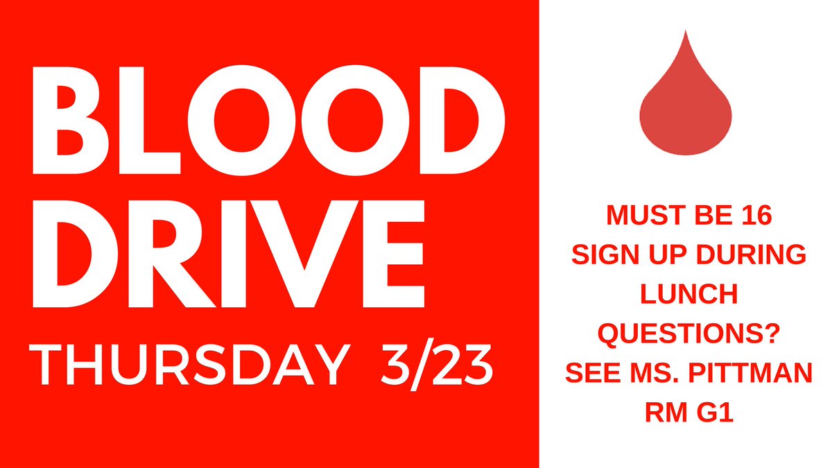EasternHSMedia's tweet photo. .@eastern2017 The Spring Blood Drive is happening next week - Thursday 3/23 - Sign up during Lunch -Questions see Ms. Pittman/G1 @easternhsb https://t.co/Fp3XIiQkoz