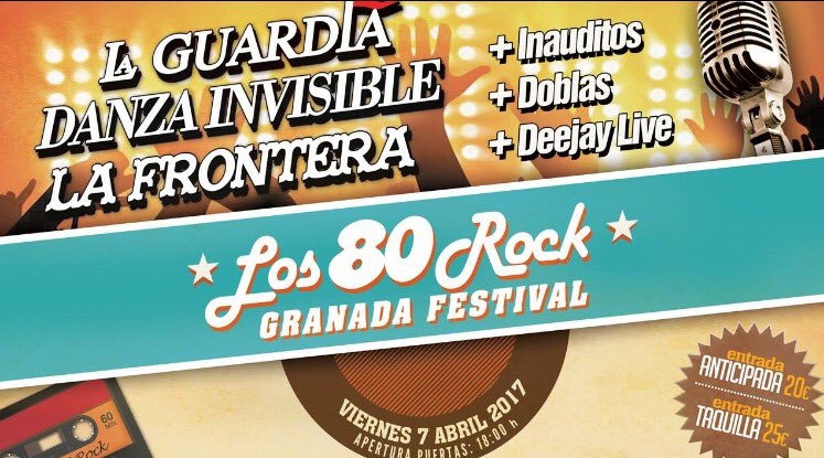 Llega a #Granada Los 80 Rock, festival de musica, que seguro nos hará bailar mucho.
Contará con La Guardia, La Frotera &amp; Danza Invisible...