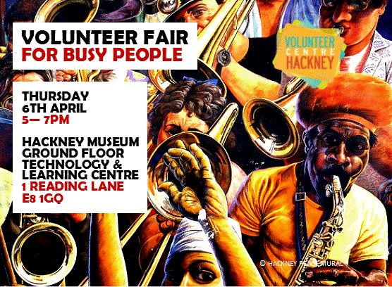 VCHackney's tweet photo. @LoveHackney Volunteer Fair for busy people. Thur 6 Apr 5-7pm. #VCHackney #HackneyVolunteer https://t.co/kv9SLGikNb