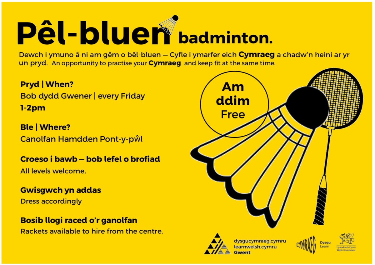 Dewch i chwarae pél-bluen yfory!  Canolfan Hamdden Pontypl am un o'r gloch.
Croeso i bawb!  
<a href="/learncymraegGWE/">Learn Welsh Gwent</a> <a href="/WelshTeuluGwent/">Cymraeg i'r Teulu</a> 🏸🏸🏸🏸🏸🏸🏸🏸🏸🏸🏸🏸