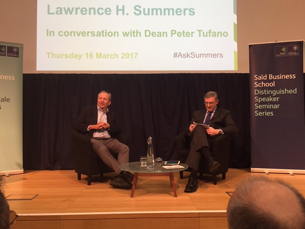 OxfordSBS's tweet photo. Great to have Lawrence Summers here at Oxford Saïd. Starter questions about demonetisation &amp; globalisation. #AskSummers https://t.co/A5GJBtJU6T