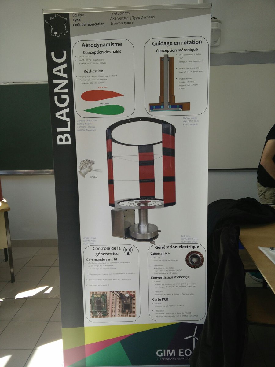 iutblagnac's tweet photo. Une #éolienne a axe vertical intégralement conçue dans nos locaux par les #GIM avec #Arduino #WiFi #GIMEole Joli poster ! :-) https://t.co/BpXrSvbSSR