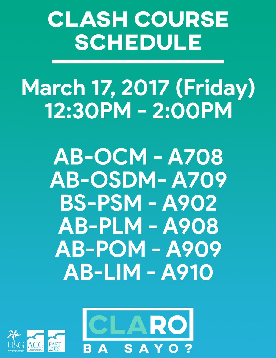 DLSUFAST2016's tweet photo. #FAST2016
CLAss is in session! Take a look at the schedule for your course's respective time slot and classroom!
#CLAroBaSayo https://t.co/v2eFA2mrGK