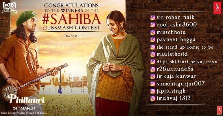 starstudio18_'s tweet photo. Presenting the winners of the #Sahiba Dubsmash contest! Kindly DM us your details. @AnushkaSharma @diljitdosanjh @OfficialCSFilms #Phillauri https://t.co/yAdGTcX9oe