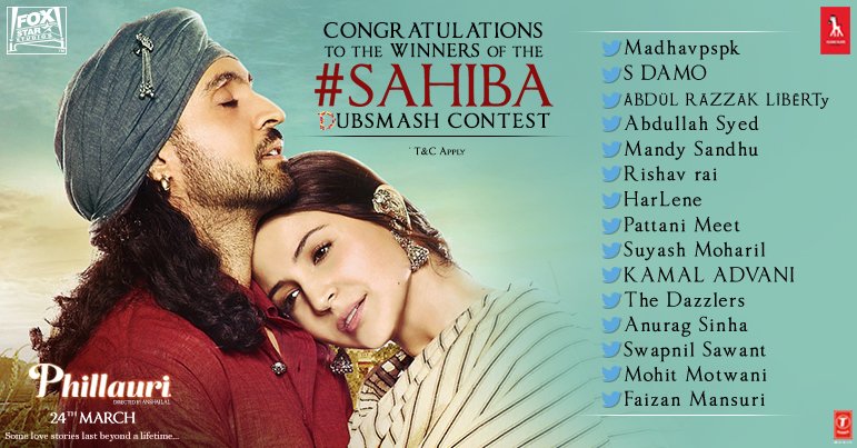 starstudio18_'s tweet photo. Presenting the winners of the #Sahiba Dubsmash contest! Kindly DM us your details. @AnushkaSharma @diljitdosanjh @OfficialCSFilms #Phillauri https://t.co/yAdGTcX9oe