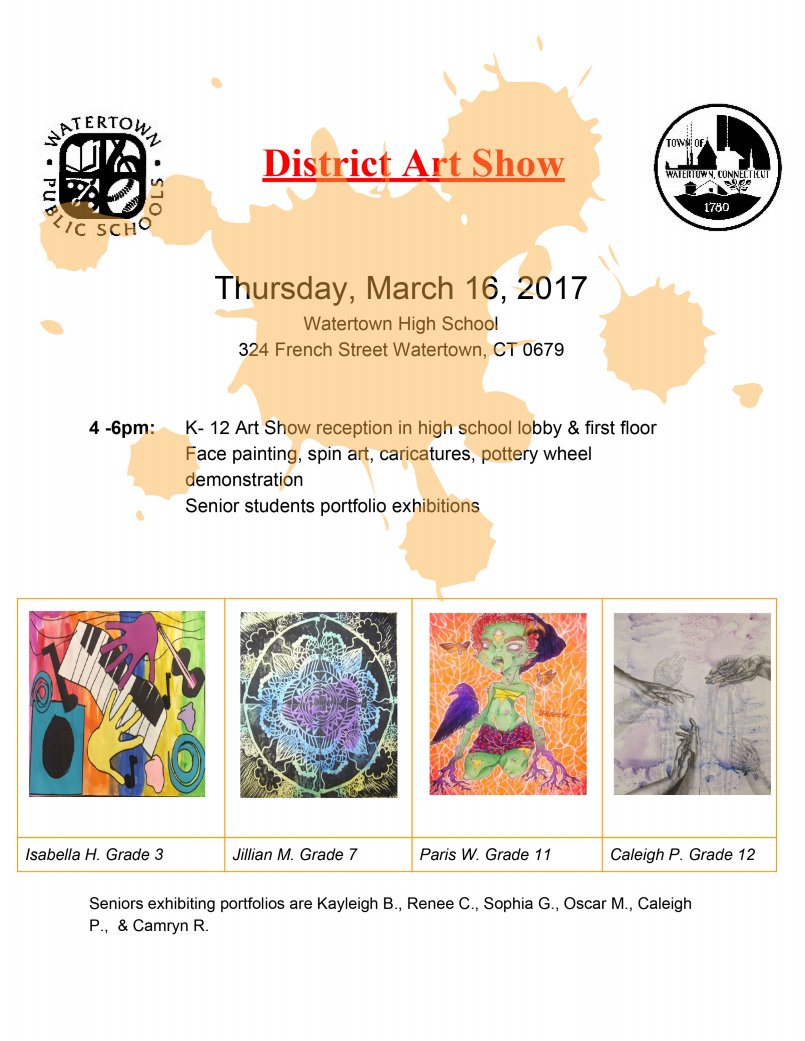District Art Show tonight@ Watertown High School 4-6 pm @PJones2001 @MrTomHogrefe <a href="/MrsNCote/">Nicole Cote</a> <a href="/janetparlato/">Janet Parlato</a> <a href="/SwiftMiddle/">Swift Middle School</a> @WatertownSuper