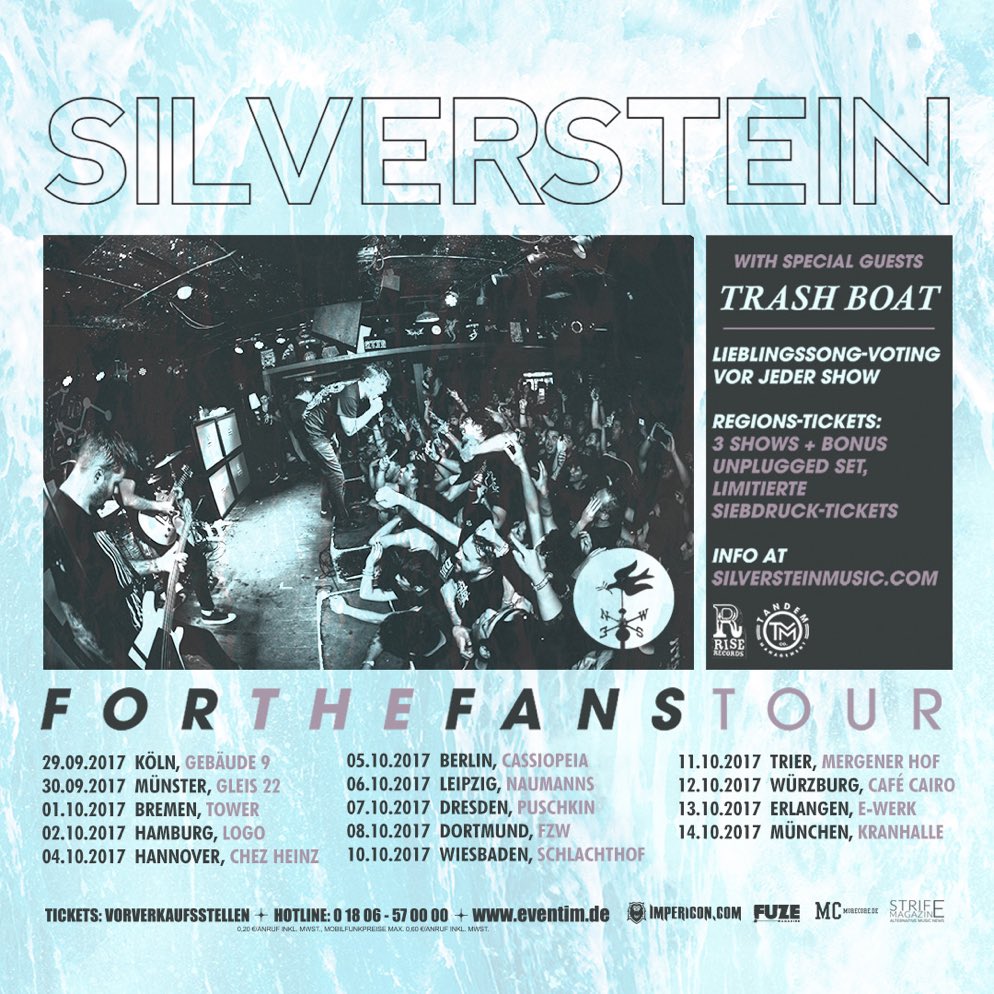 silverstein's tweet photo. Unsere Fans bedeuten uns ALLES. Daher die #ForTheFans Tour. Freut Euch auf kleine Clubs &amp; viele Überraschungen! 29.09 - 14.10 w @TrashBoatUK https://t.co/wNTqe8lXlI