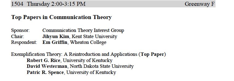 ComBotLabs's tweet image. See David Westerman and Patric Spence present the Top Paper in Communication Theory at #CSCA17.