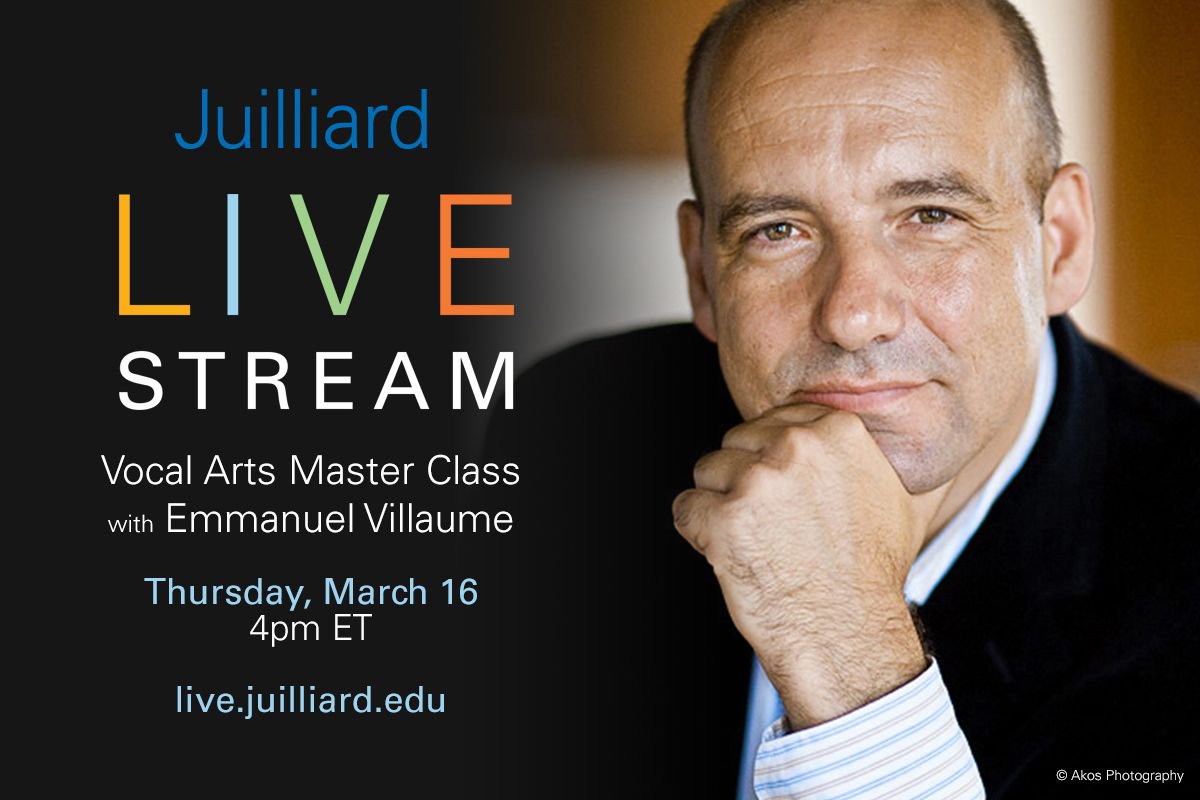 JuilliardSchool's tweet photo. TODAY! Live-streamed master class with @medicitv feat. @VillaumeMusic coaching #Juilliard singers https://t.co/HHq24gX0iZ https://t.co/pLUhlm3Xm6