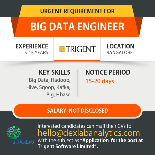 Dexlabanalytics's tweet photo. Urgent requirement for Big Data Engineer

#TrigentSoftwareLimited | #SASexpert | #SAS | #BigData | #socialmedia | #india | #datascientists https://t.co/I31EZtHQz0