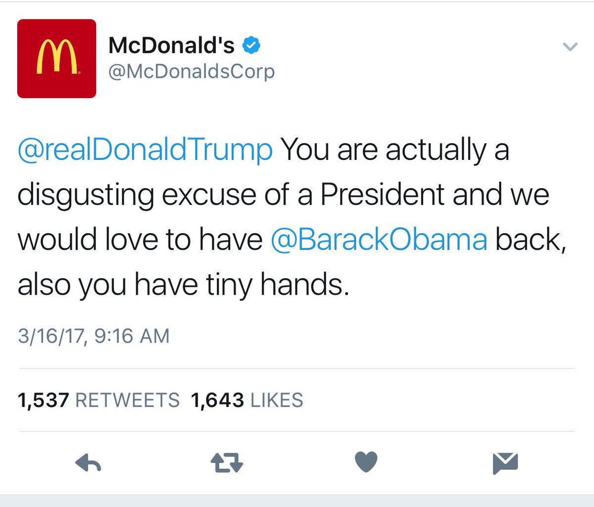BriannaWu's tweet photo. McDonalds deleted their Tweet, but here it is for posterity. 
🎶 I'm Lovin' It! 🎶 https://t.co/yzRkjy5TZF