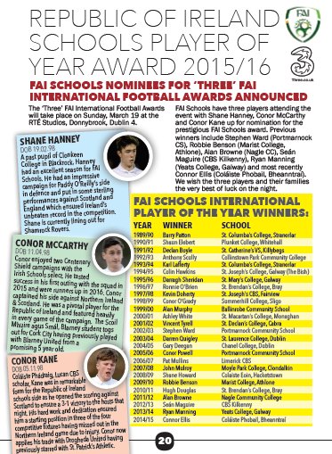 faischools's tweet photo. BIG WEEKEND | @ThreeIreland FAI International Awards | Sun, Mar19 @RTEsport Live RTE2 8pm | Good luck @s2hanney @ConorKane6 #ConorMcCarthy https://t.co/or9ISIfMec