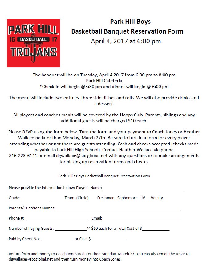 PHBallCoach's tweet image. Banquet Information: April 4th at 6pm at Park Hill. RSVP sheet attached.