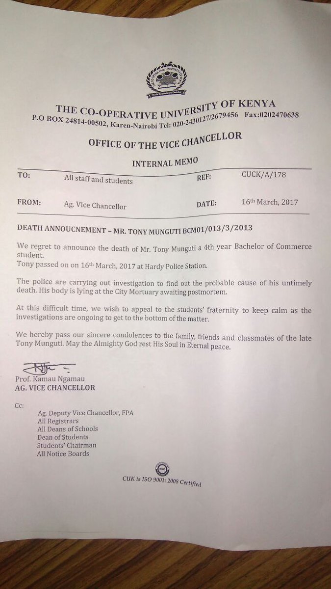 Tabuche_'s tweet photo. #JusticeForTonny Cooperative University Student  in police cells at the Hardy Police Station Karen under unclear circumstances. https://t.co/15HxC0Ids2