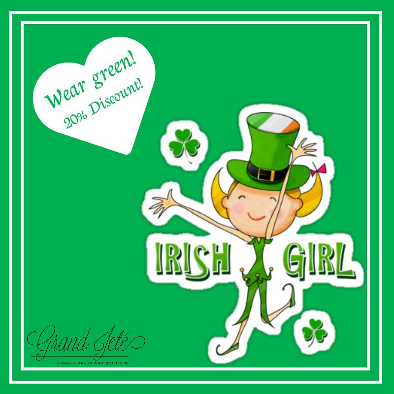 Grand_Jete_Fit's tweet photo. Come shake your shamrock with us at the barre tomorrow! Wear green for 20% off 1 boutique item! #barre #StPatricksDay #barrefun https://t.co/o2fU4AUwZ8