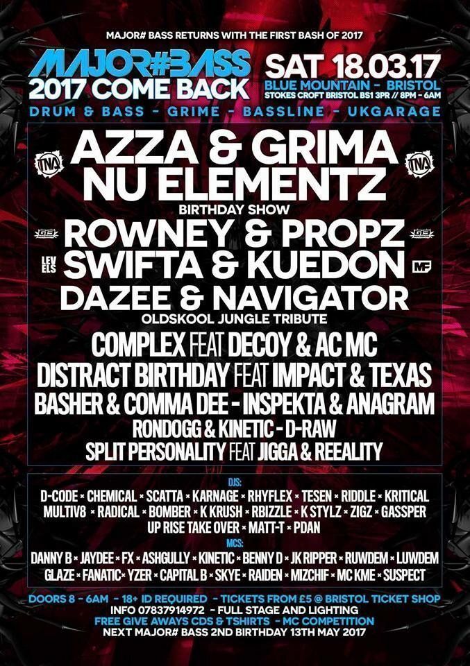 2moro SATURDAY <a href="/MajorBassDNB_/">MAJOR#BASS™</a> <a href="/blumountainclub/">🔊</a> Bristol ft: <a href="/SwiftaMc/">SWIFTA</a>  @KuedonMC <a href="/rowneyg13/">ROWNEY DNB / STANDARD PROCEDURE</a> <a href="/NuElementz/">Nu Ele</a> + <a href="/DJ_DAZEE/">Dj Dazee</a> Old Skool Set!!
#RT